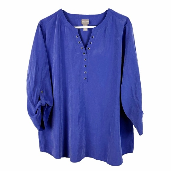 Chico's Silky Chic Grommet Trim Placket 3/4 Sleeve Magnetic Blue Top Size 3 - Picture 1 of 9